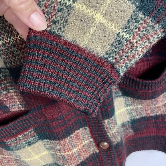 VTG 80s Grandpa Sweater Cardigan Size L Burgundy Plaid Wool Blend Leather Button - Picture 10 of 11